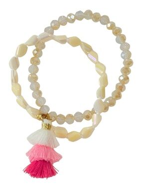 Cream and Pink Beaded Stretch Bracelet Set with Triple Tassel